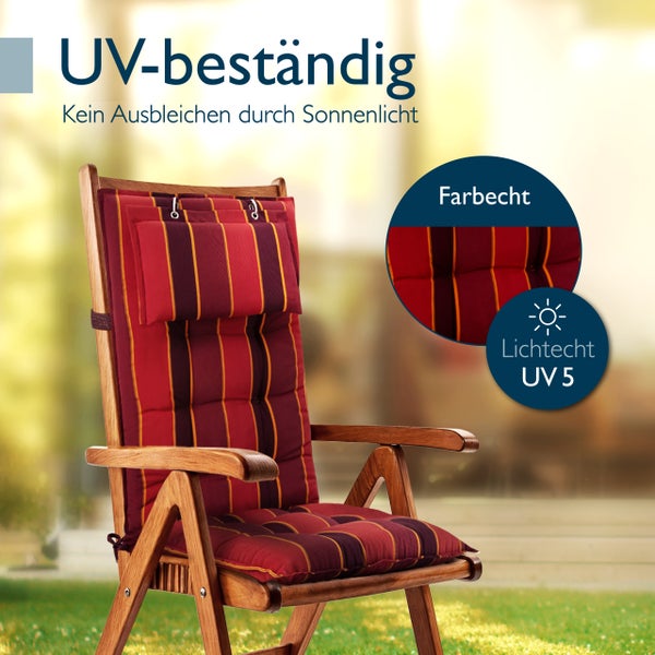 Gartenstuhl-Auflage mit UV-Beständigkeit und Lichtechtheit der Stufe 5 gegen Ausbleichen durch Sonnenlicht.