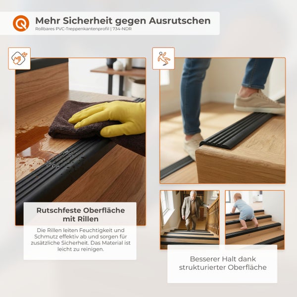 Rollbares PVC Treppenkantenprofil für mehr Trittsicherheit auf Holztreppen mit rutschfester strukturierter Oberfläche und Rillen.
