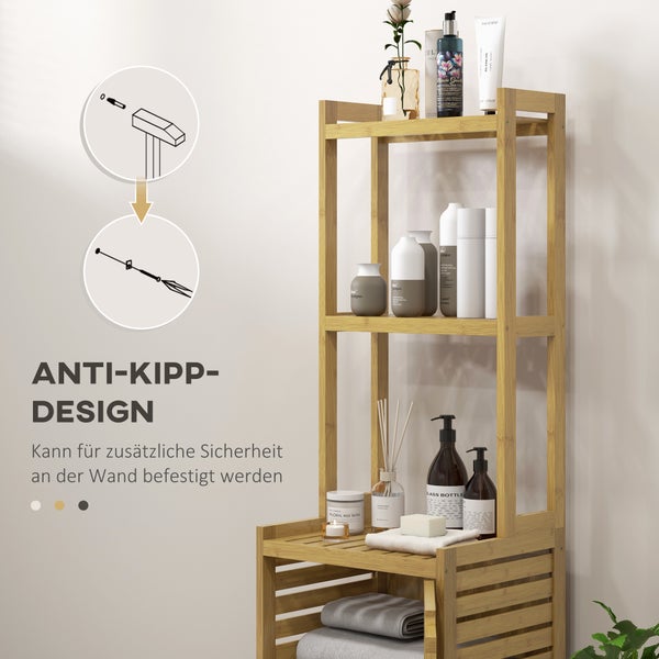 HOMCOM Badezimmerschrank aus Bambus Badschrank mit Schrankfach, Toilettenschrank mit 3 Offen Fächern, Kippschutz, für Bad, Naturholz, 38,5 x 33 x 170 cm