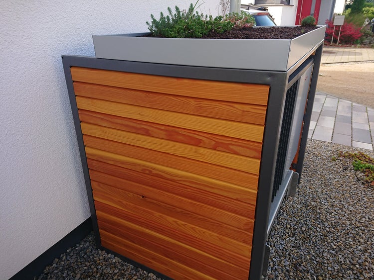 Wärmepumpenverkleidung DEKOR-Element Wärmepumpe, 128 x 90 x 101 cm, 2- Seiten geschlossen mit Holz Rhombus Lärche.