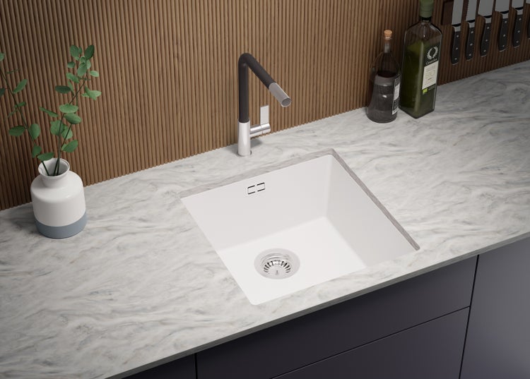 PRIMAGRAN Unterbauspüle Granit Alles Weiß 46x47cm, Spülbecken 1 Becken + Ablauf-Set, Granitspüle ab 50er Unterschrank - London