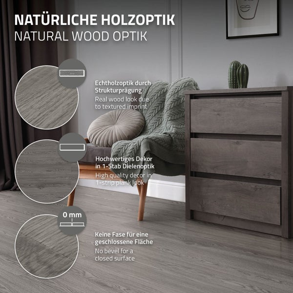 ML-Design Deluxe PVC Bodenbelag, Selbstklebende Vinyl-Dielen, Vinylboden, 91,5 cm x 15,3 cm x 2 mm, Dicke 2 mm, 6,69m²/48 Dielen, Eiche, Grau, Holzoptik, rutschfest, wasserfest, Einfache Verlegung