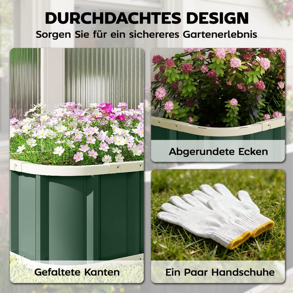 Hochbeet mit Blumen, gefalteten Kanten, abgerundeten Ecken und einem Paar Gartenhandschuhen auf Gras.