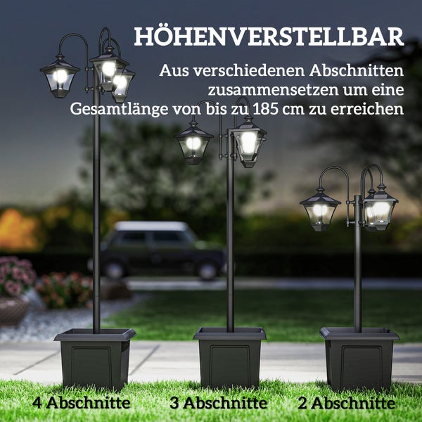 Höhenverstellbare Solar-Gartenlaterne mit Pflanzkübel in drei Höhen bis 185 Zentimeter durch zwei, drei oder vier Segmente.