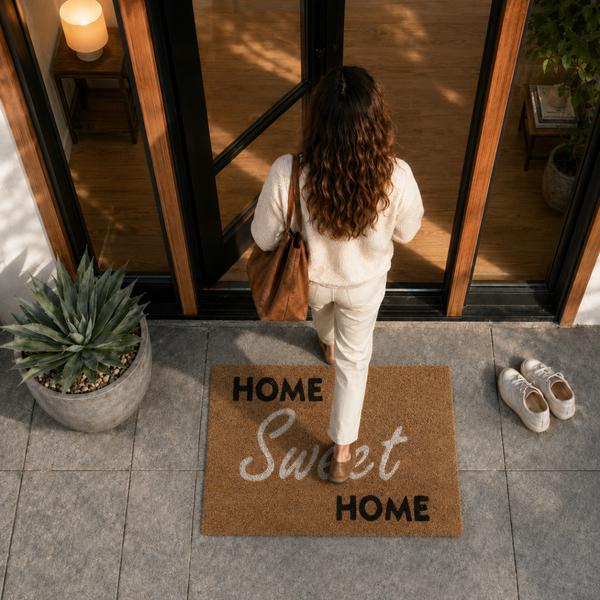 Person betritt ein Haus über eine Kokos-Fußmatte mit der Aufschrift Home Sweet Home am Eingangsbereich mit Glastür und Steinboden.