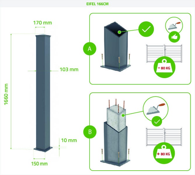 Set mit 4 EIFEL 10x10 Aluminiumpfosten H.166cm – Anthrazitgrau