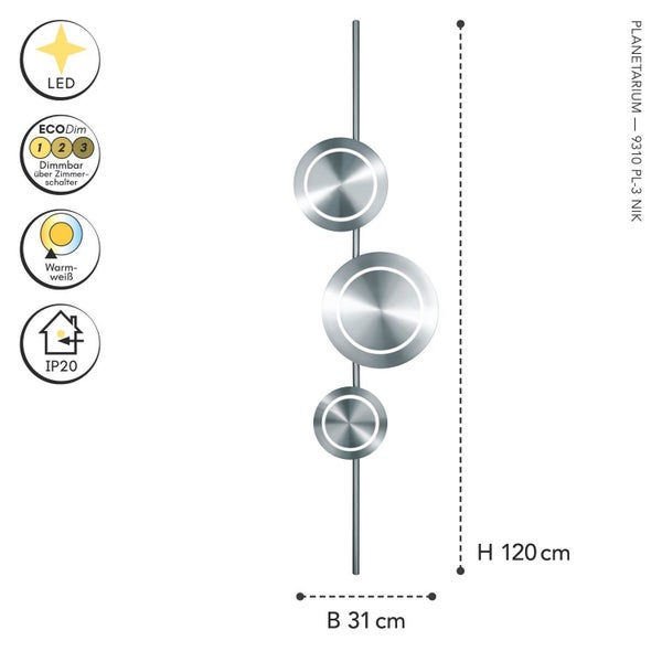 LED-Leuchte Planetarium, Nickel-Optik, drei runde Metallscheiben, dimmbar über Wandschalter, warmweißes Licht, IP20, Breite 31 cm, Höhe 120 cm.