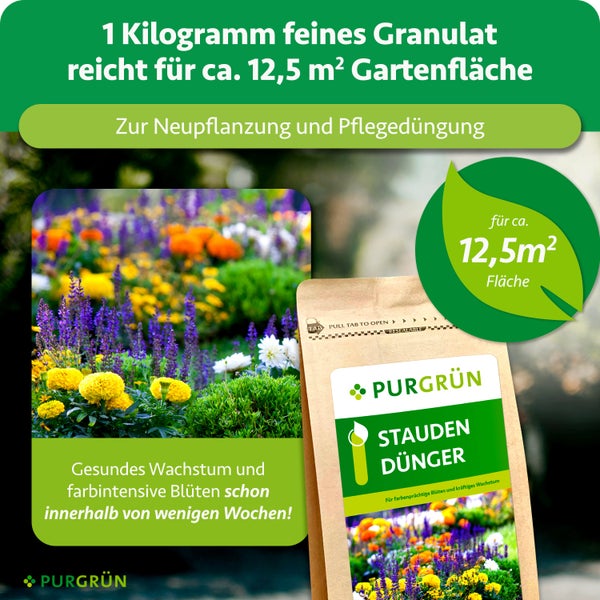 Purgrün Staudendünger ein Kilogramm Packung, ausreichend für circa 12,5 Quadratmeter Gartenfläche, zur Neupflanzung und Pflegedüngung.