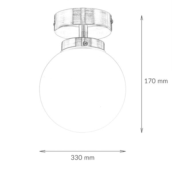 Skizze einer Deckenleuchte mit Kugelform und Maßangaben 170 mm Höhe und 330 mm Breite