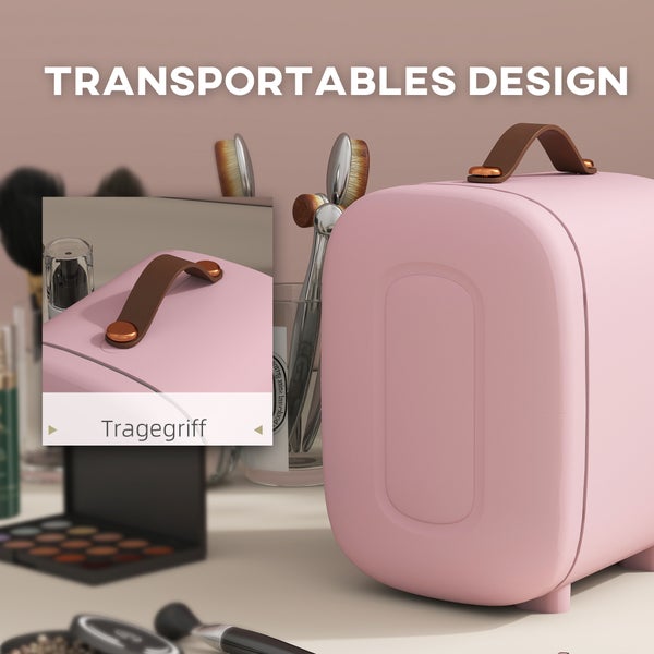 Rosa Mini-Kosmetikkühlschrank mit abgerundetem Design und einem braunen Tragegriff für einfachen Transport.