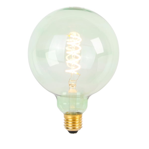 Globeförmiges LED-Leuchtmittel mit E27-Fassung und Spiralfilament aus Glas.