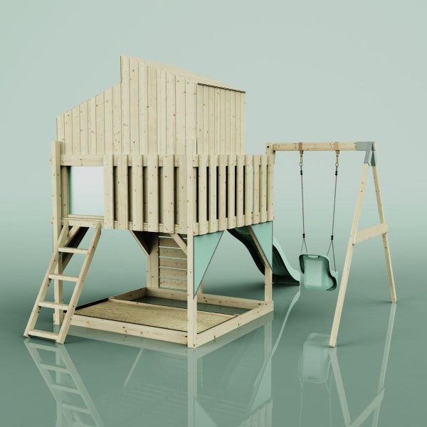 Holzspielhaus mit Rutsche, Schaukel und Sandkasten