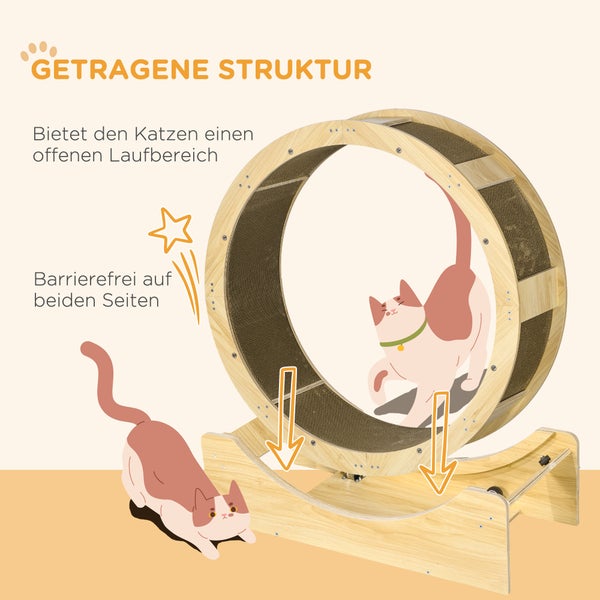Katzenlaufrad aus Holz mit offenem Laufbereich und barrierefreiem Zugang von beiden Seiten.