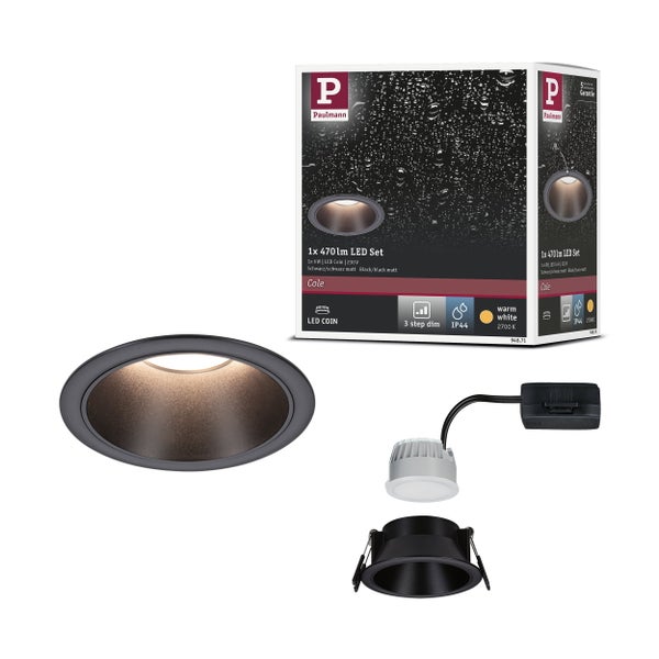 LED Einbauleuchte 3-Step-Dim Cole Coin 1er-Set IP44 rund 88 mm Coin 6W 470lm 230V dimmbar 2700K Schwarz