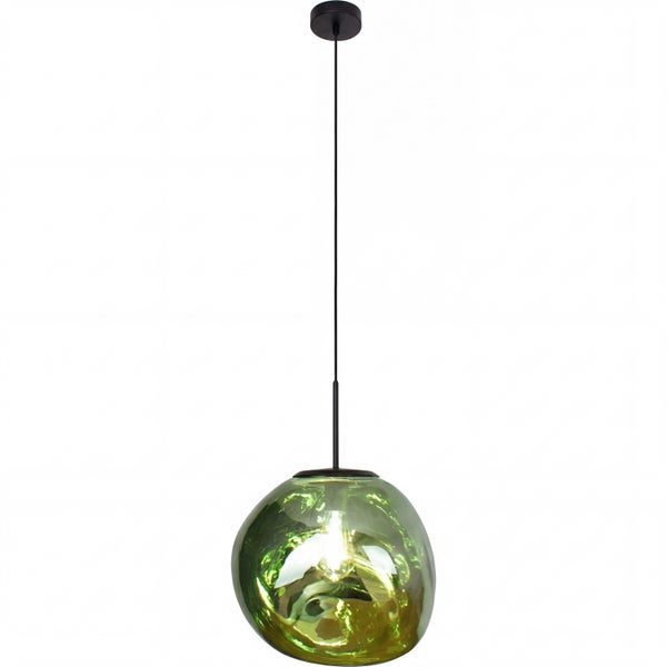 Moderne Pendelleuchte mit organisch geformtem grünem Glasschirm und schwarzer Aufhängung.