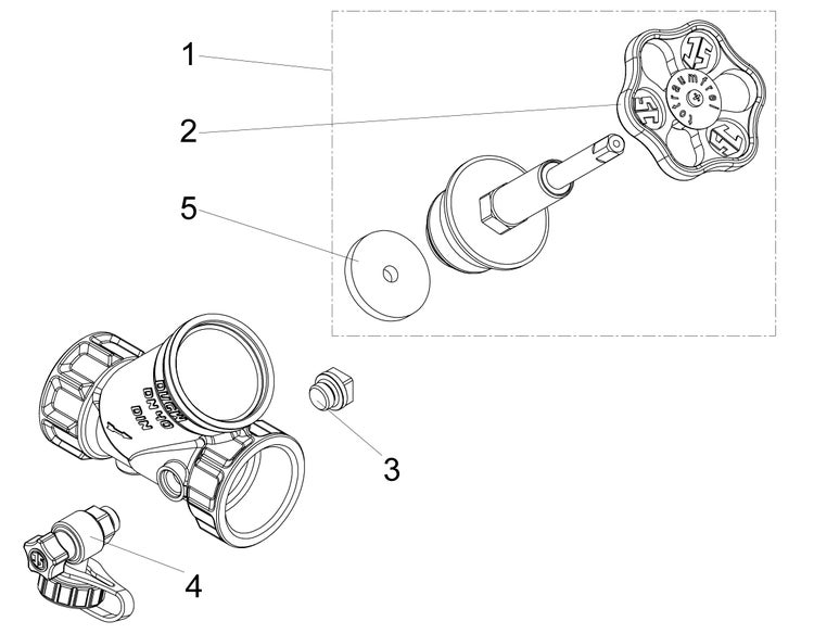 Explosionszeichnung eines Schrägsitzventils Nennweite 40 mit Handrad, Dichtung und Entleerungsventil.