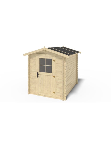 Gartenhaus aus hellem Holz mit Satteldach und einer Einzeltür mit Fensterausschnitt.