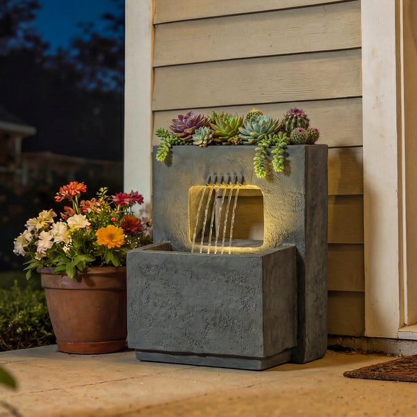 Beleuchteter Gartenbrunnen in Steinoptik mit integriertem Pflanzgefäß für Sukkulenten auf einer Terrasse neben einem Blumentopf.