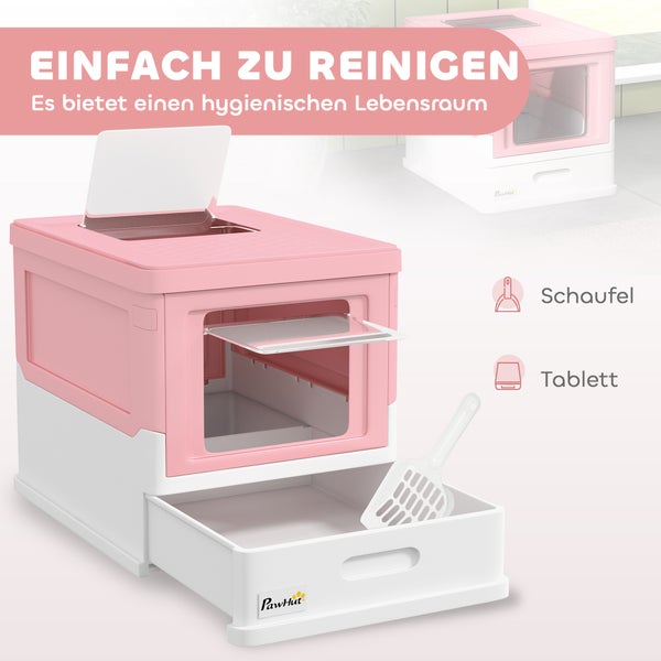 PawHut Katzentoilette Katzenklo mit Deckel Katzenhaus mit Bodenschale und Schaufel Desodorierungsbox Kunststoff Weiß+Rosa 47,5 x 35,5 x 36,7 cm