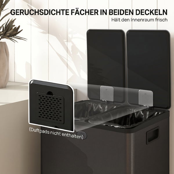 Abfalltrennsystem mit zwei Deckeln und integrierten, geruchsdichten Fächern für Duftpads zur Geruchsneutralisierung.