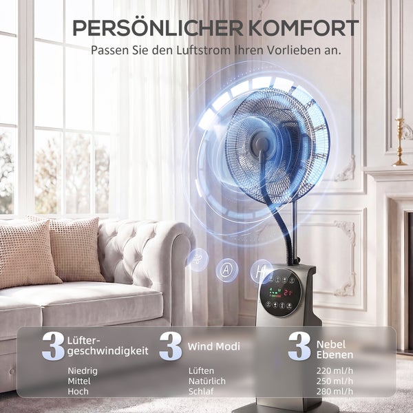Nebelventilator im hellen Wohnzimmer. Drei Geschwindigkeiten, drei Windmodi und drei Nebelstufen von 220 bis 280 Milliliter pro Stunde.