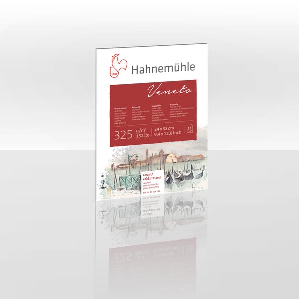 Hahnemühle Veneto Aquarellblock, 325 Gramm pro Quadratmeter, 24 mal 32 Zentimeter, 12 Blatt, Oberfläche rau und matt.
