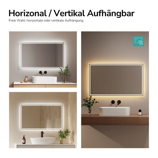 Badezimmerspiegel mit LED-Beleuchtung, horizontal oder vertikal montierbar, dargestellt in verschiedenen Badezimmerszenarien.
