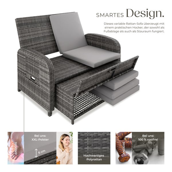 Rattan Sofa tectake Kreta mit Stauraum und Schutzhülle mit Aluminiumgestell grau