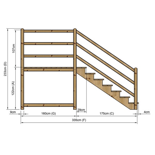 Technische Zeichnung einer Holztreppe mit Maßen