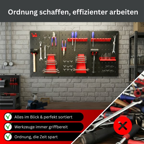 Werkzeugwand aus Metall mit verschiedenen Halterungen für Werkzeuge im Vergleich zu einem unordentlichen Haufen Werkzeuge.