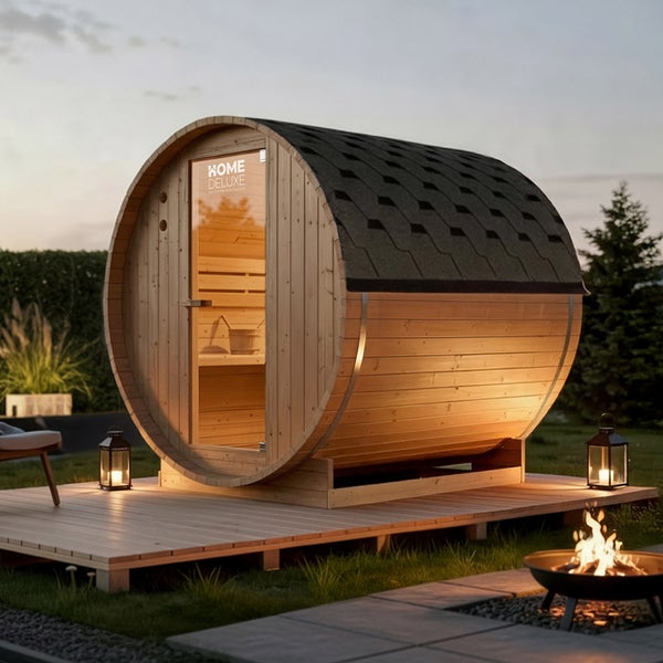 Fasssauna aus Holz von Home Deluxe auf einer Holzterrasse im Garten mit Feuerschale und Laternen in der Abenddämmerung.