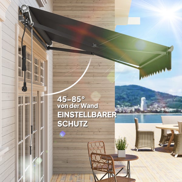 Outsunny Klemmmarkise mit Handkurbel elektrisch höhenverstellbar Gelenkarmmarkise Markise Sonnenschutz UV 30+ Balkonmarkise inkl. Wandhalterung Sonnenmarkise 300cm breit für Terrasse Balkon Dunkelgrau