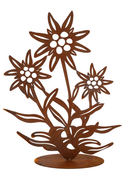Gartendekoration Edelweiss aus Metall mit Rostoptik als stehende Blumenfigur für den Außenbereich.