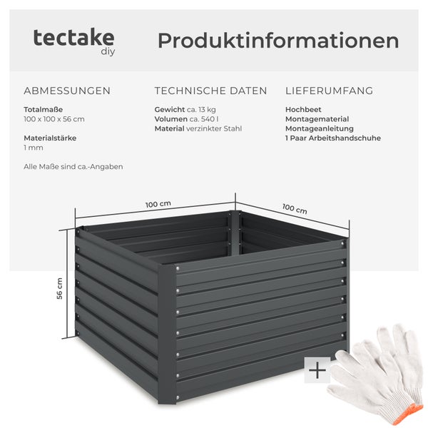 Produktinformationen zu einem Hochbeet aus verzinktem Stahl mit den Maßen 100 x 100 x 56 cm, inklusive Montagezubehör und Arbeitshandschuhen.