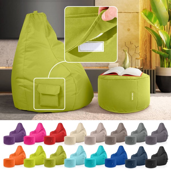 Green Bean 2er Set Sitzsack + Hocker - fertig befüllt - robust waschbar schmutzabweisend - Kinder & Erwachsene Bean Bag Bodenkissen Lounge Sitzhocker Relax-Sessel Gamer Gamingstuhl Pouf - Grün