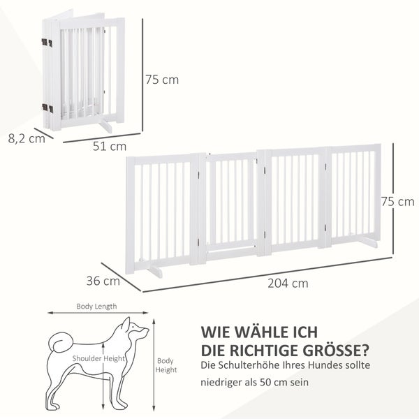 PawHut Absperrgitter Hund 4-teilig, 204 x 75 cm Faltbar Türschutzgitter mit Tür, Freistehend Hundegitter mit 2 Stützfüßen, Treppengitter aus Holz für Flur, Küche, Treppe, Weiß