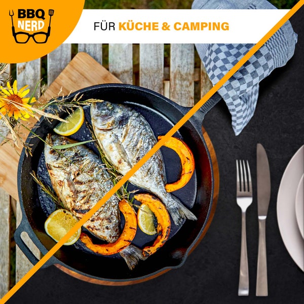 BBQ Nerd Grillpfanne Ø 25 cm 2600g mit Ausgießer und Griff | Gusseisenpfanne zum Grillen, Rösten, Anbraten | Antihaft-Pfanne Feuerpfanne - hitzebeständig & wärmespeichernd