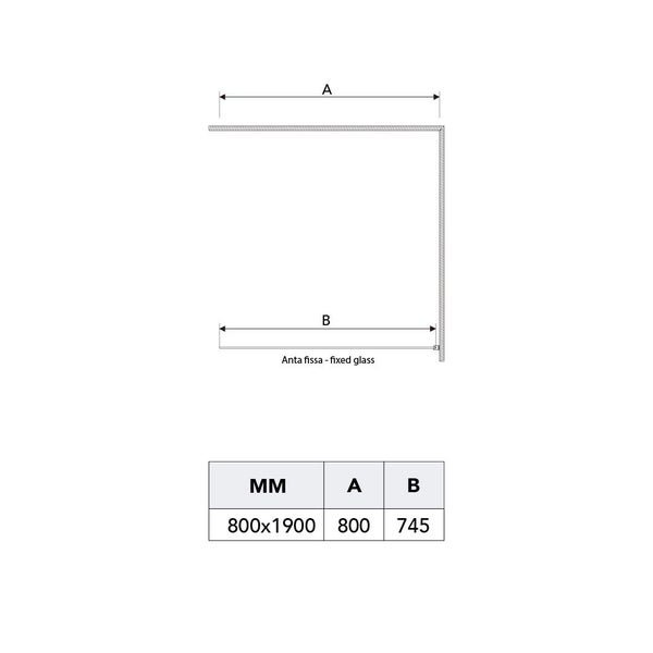Technische Zeichnung einer Duschkabine mit Maßangaben