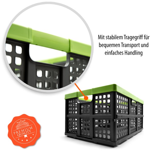 Faltbox mit stabilem Tragegriff für einfachen Transport und Premium Quality Siegel