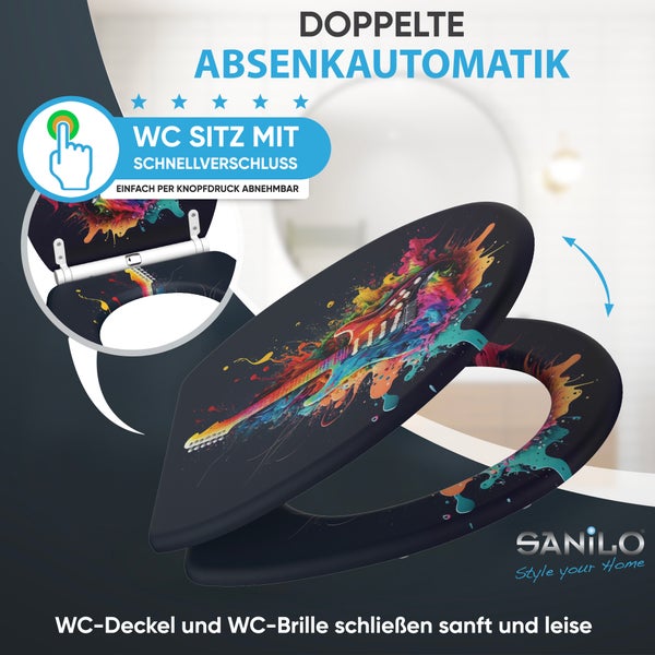 WC-Sitz mit Absenkautomatik und Schnellverschluss, schwarzer Deckel mit Gitarren-Motiv und bunten Farbspritzern.