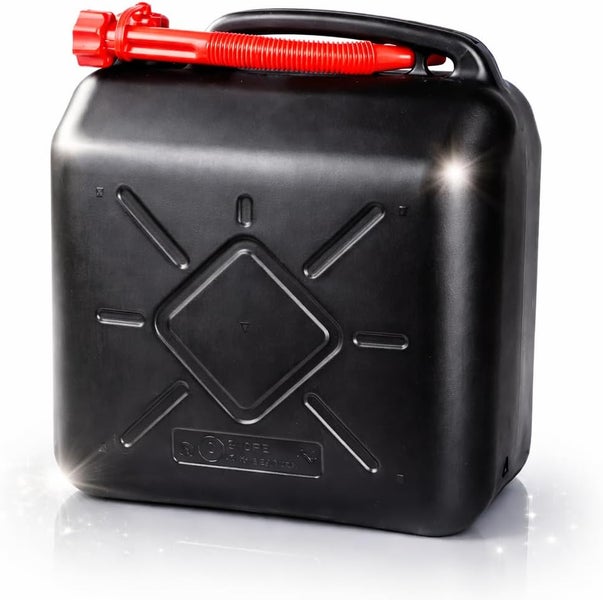Schwarzer Kraftstoffkanister aus Kunststoff mit rotem Ausgießer