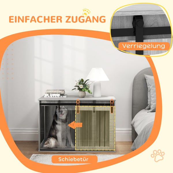 PawHut Hundekäfig für Zuhause, Abschließbar Hundehütte mit Eingang, Hundebox mit Schiebetür, Hundehaus für große Hunde unter 30 kg, Grau, 98 x 58 x 61 cm