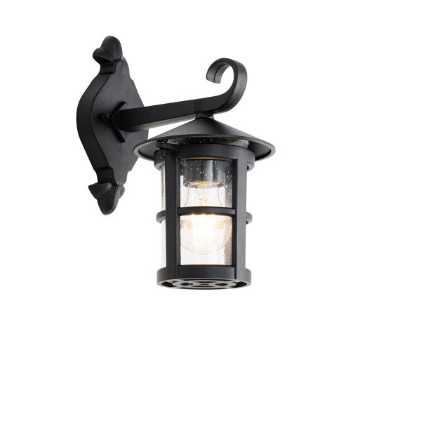 Vintage Außenwandleuchte aus schwarzem Metall und klarem Glas mit sichtbarem Leuchtmittel.