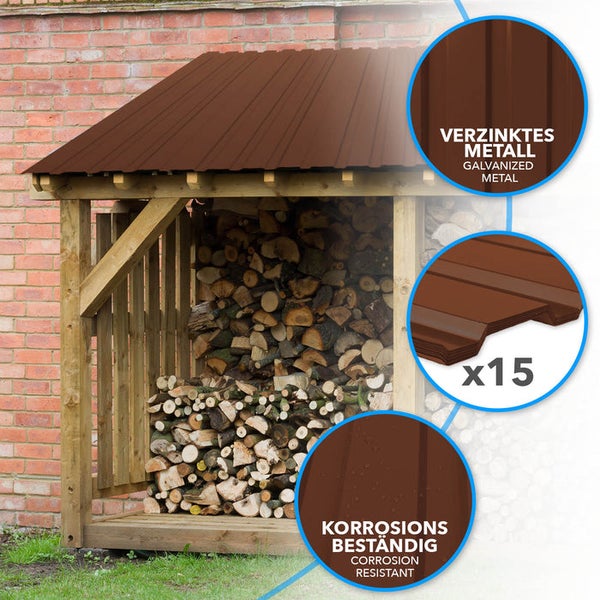 FLOORDIREKT Trapezblech - 115 x 45 cm - Profilblech - Stärke 0.25 mm - 15er-Set - inkl. Schrauben - 7,7 m² - Braun