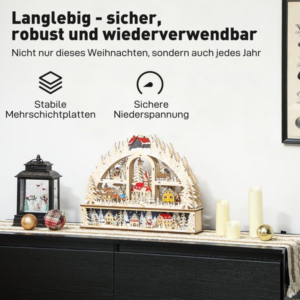 Weihnachtlicher Schwibbogen aus Holz mit Winterszene auf einem Sideboard. Aus stabilen Mehrschichtplatten und sicherer Niederspannung.