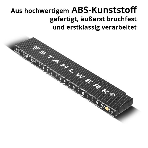 Schwarzer Gliedermaßstab aus ABS-Kunststoff mit Stahlwerk Logo und Zentimeterskala.