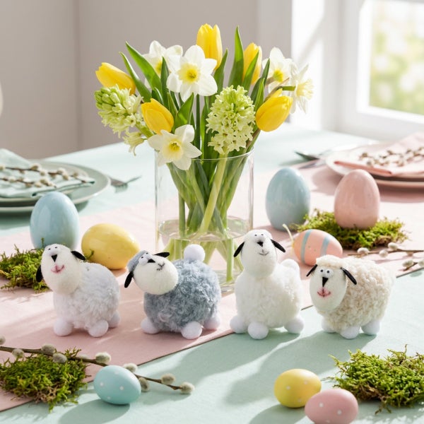 Osterdekoration mit vier Stoffschafen, Ostereiern, Moos und einem Blumenstrauß aus Narzissen und Tulpen auf einem gedeckten Tisch.