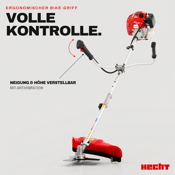 Hecht Benzin-Motorsense mit ergonomischem Bike-Griff, höhen- und neigungsverstellbar, Antivibrationssystem. Hecht Logo.