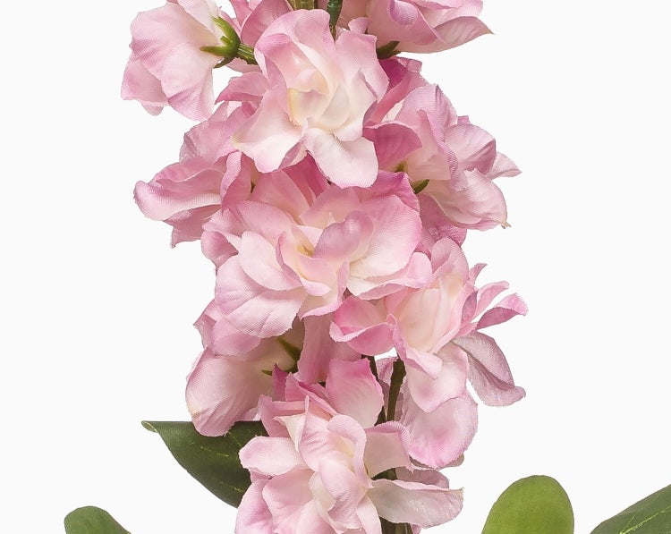 Künstlicher Blumenzweig mit mehreren rosa-weißen Blüten und grünen Blättern.