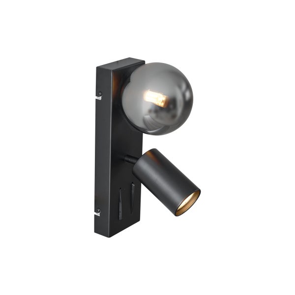 Schwarze Wandleuchte mit zwei Lichtquellen, einer Glaskugel und einem verstellbaren Spotstrahler aus Metall.